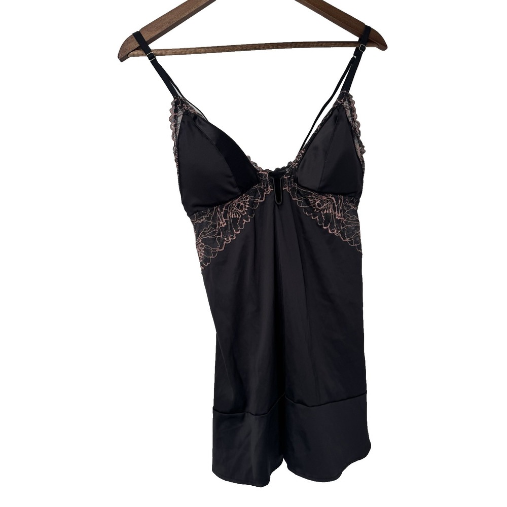 Auden‎ Lingerie Chemise Top Black Pink Sheer Lace Plunge V neck coquette Fairy M
